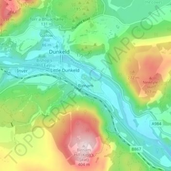 Mapa topográfico Birnam, altitude, relevo