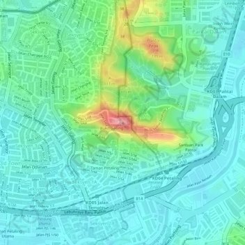 Mapa topográfico Bukit Gasing, altitude, relevo