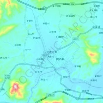 Mapa topográfico 河婆街道, altitude, relevo