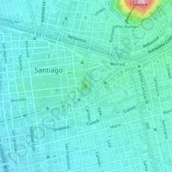 Mapa topográfico Cerro Santa Lucía, altitude, relevo