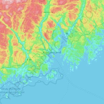 Mapa topográfico Kristiansand, altitude, relevo