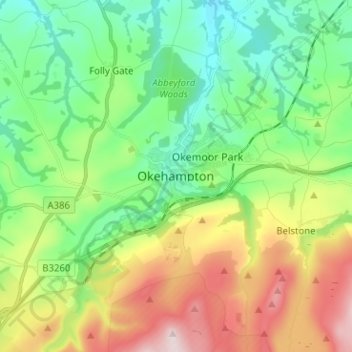 Mapa topográfico Okehampton, altitude, relevo