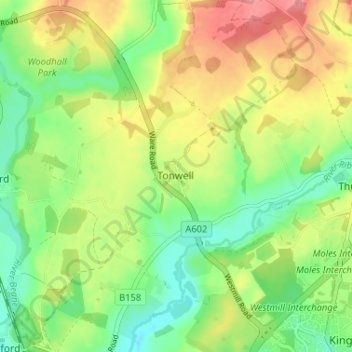 Mapa topográfico Tonwell, altitude, relevo