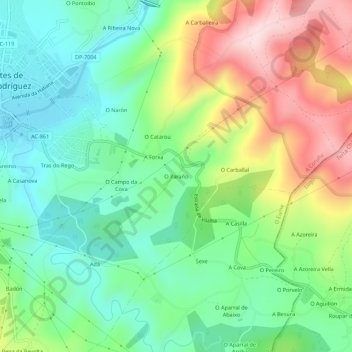 Mapa topográfico O Paraño, altitude, relevo