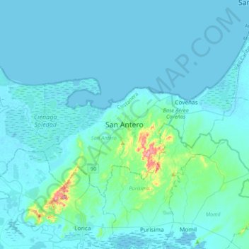 Mapa topográfico San Antero, altitude, relevo