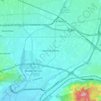 Mapa topográfico South El Monte, altitude, relevo