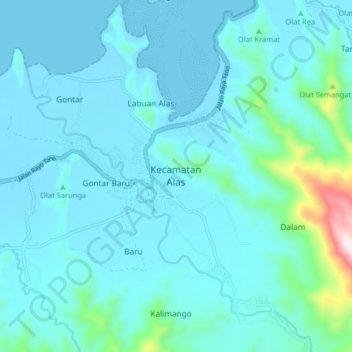 Mapa topográfico Kecamatan Alas, altitude, relevo