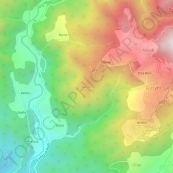 Mapa topográfico Barnet, altitude, relevo