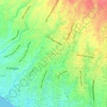 Mapa topográfico Tibubeneng, altitude, relevo
