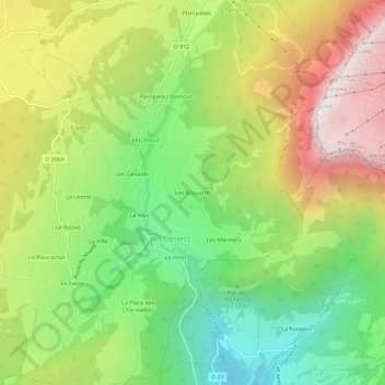Mapa topográfico Les Bouvards, altitude, relevo