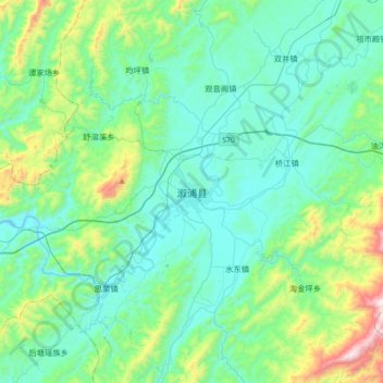 Mapa topográfico 溆浦县, altitude, relevo