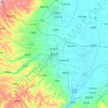 Mapa topográfico 孝义市, altitude, relevo