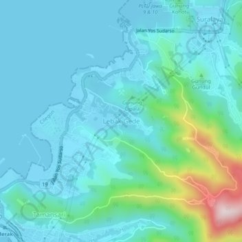 Mapa topográfico Lebak Gede, altitude, relevo