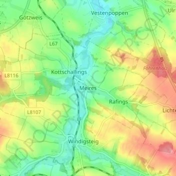 Mapa topográfico Meires, altitude, relevo