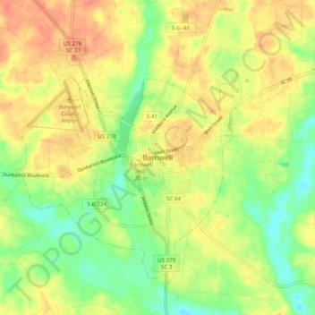 Mapa topográfico Barnwell, altitude, relevo