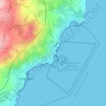 Mapa topográfico Aci Trezza, altitude, relevo