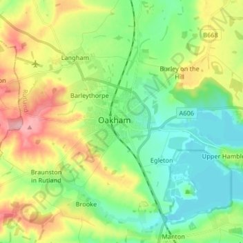 Mapa topográfico Oakham, altitude, relevo