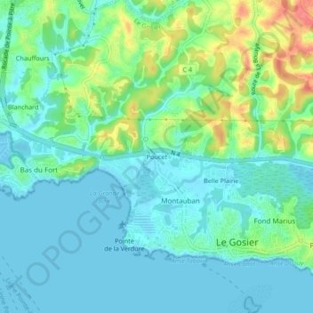 Mapa topográfico Poucet, altitude, relevo
