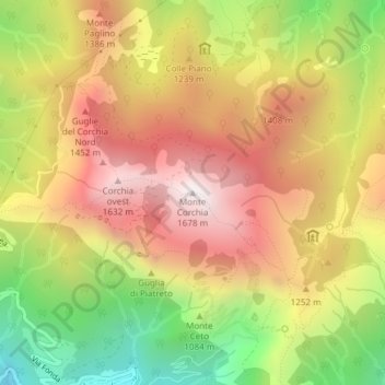 Mapa topográfico Monte Corchia, altitude, relevo