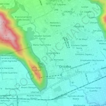 Mapa topográfico Unión Obrera, altitude, relevo