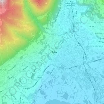 Mapa topográfico Erba Alta, altitude, relevo