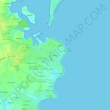 Mapa topográfico Coadigou, altitude, relevo