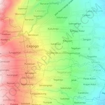 Mapa topográfico Sumberejo, altitude, relevo