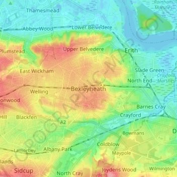 Mapa topográfico Bexleyheath, altitude, relevo