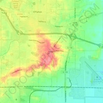 Mapa topográfico Shiloh, altitude, relevo