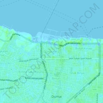 Mapa topográfico Dumai Kota, altitude, relevo