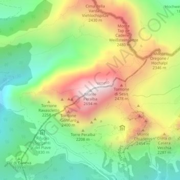 Mapa topográfico Monte Peralba, altitude, relevo