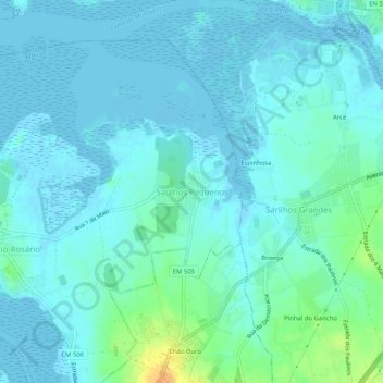 Mapa topográfico Sarilhos Pequenos, altitude, relevo