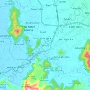 Mapa topográfico Gerung, altitude, relevo