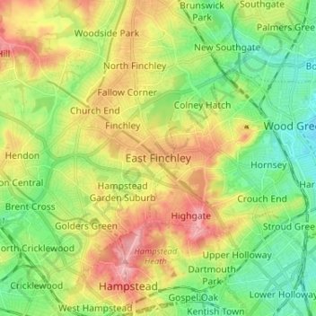 Mapa topográfico East Finchley, altitude, relevo