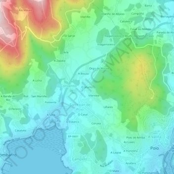 Mapa topográfico O Muíño, altitude, relevo