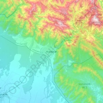 Mapa topográfico Kotdwar, altitude, relevo