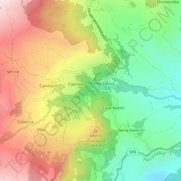 Mapa topográfico Cascatelle del Conca, altitude, relevo