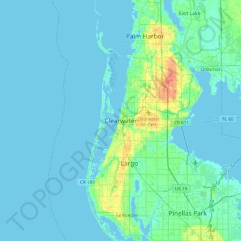 Mapa topográfico Clearwater, altitude, relevo