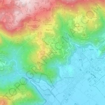 Mapa topográfico Manzaniga, altitude, relevo