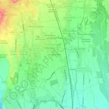 Mapa topográfico Borgo Zamparo, altitude, relevo