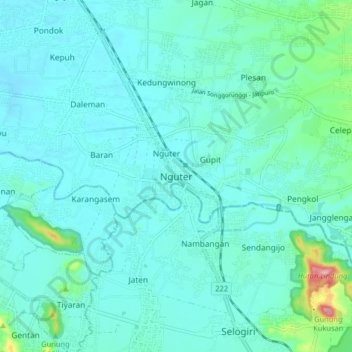Mapa topográfico Nguter, altitude, relevo