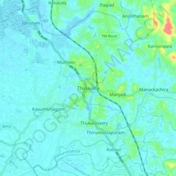 Mapa topográfico Thiruvalla, altitude, relevo