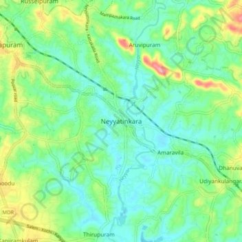 Mapa topográfico Neyyatinkara, altitude, relevo