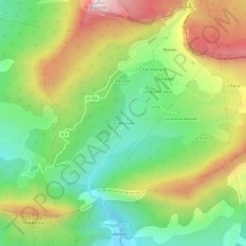 Mapa topográfico Les Meuniers, altitude, relevo