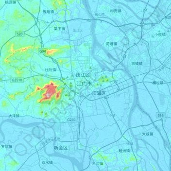 Mapa topográfico 江门市, altitude, relevo