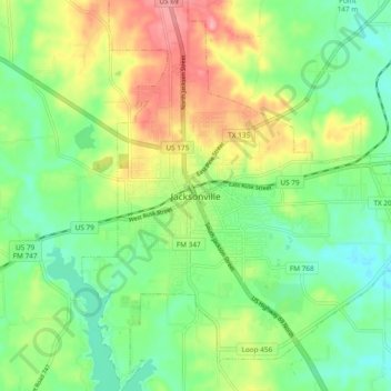 Mapa topográfico Jacksonville, altitude, relevo