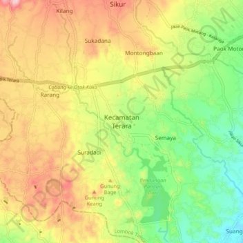 Mapa topográfico Kecamatan Terara, altitude, relevo