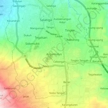 Mapa topográfico Argomulyo, altitude, relevo