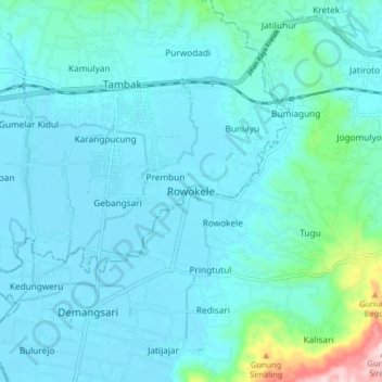 Mapa topográfico Rowokele, altitude, relevo