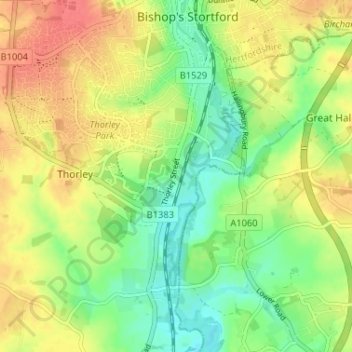 Mapa topográfico Thorley Street, altitude, relevo
